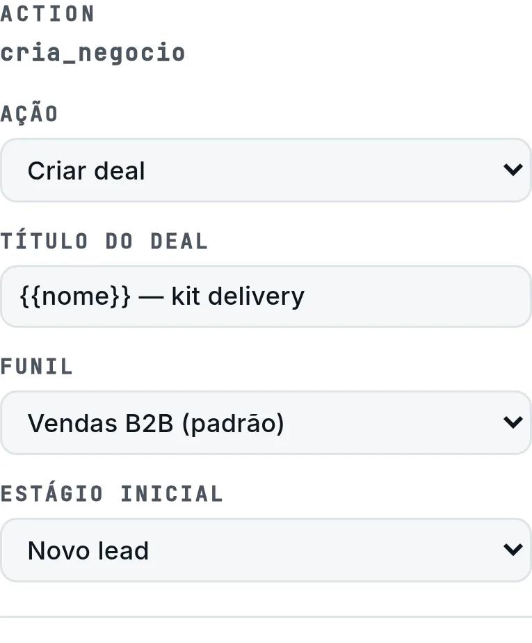 Bloco Ação CRM do chatbot configurado para criar o negócio no funil Vendas B2B, na etapa Novo lead