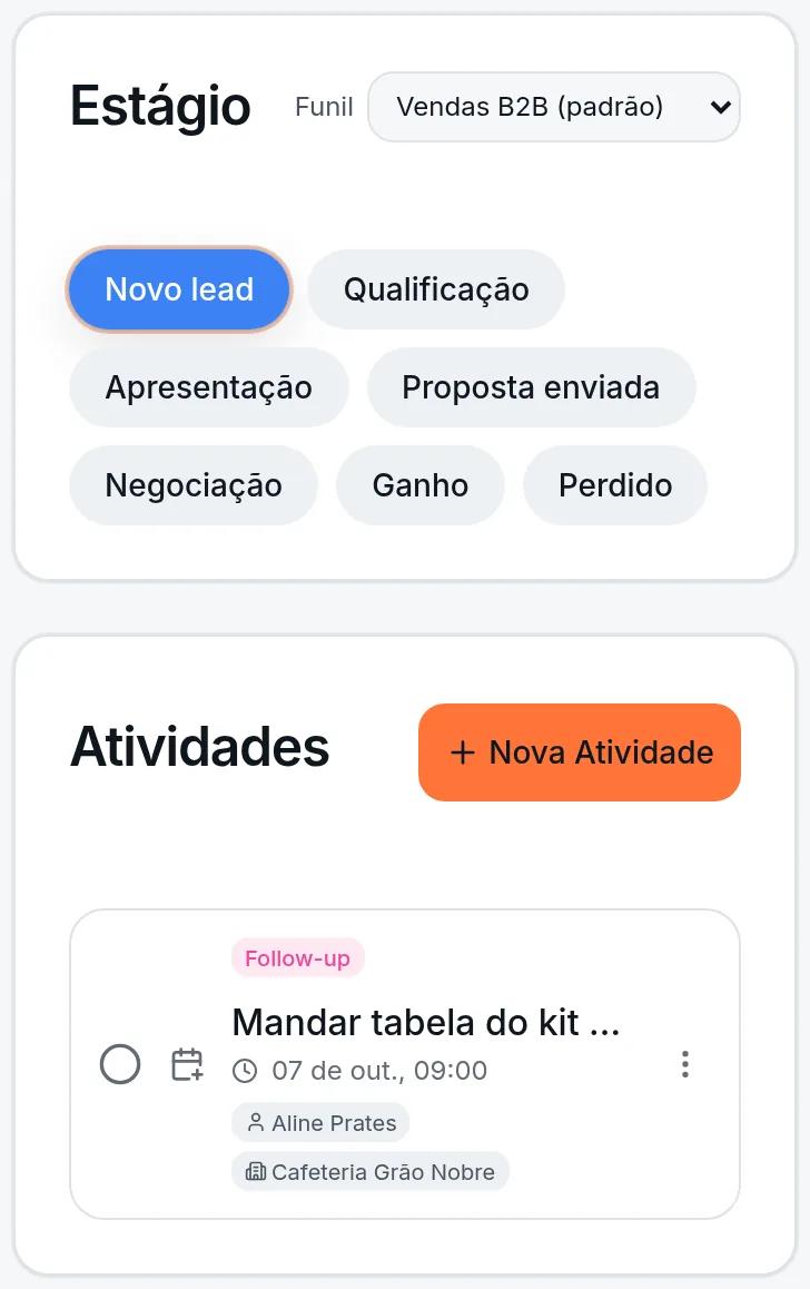 Negócio no Rumo CRM com as etapas do funil e a próxima atividade de follow-up com data